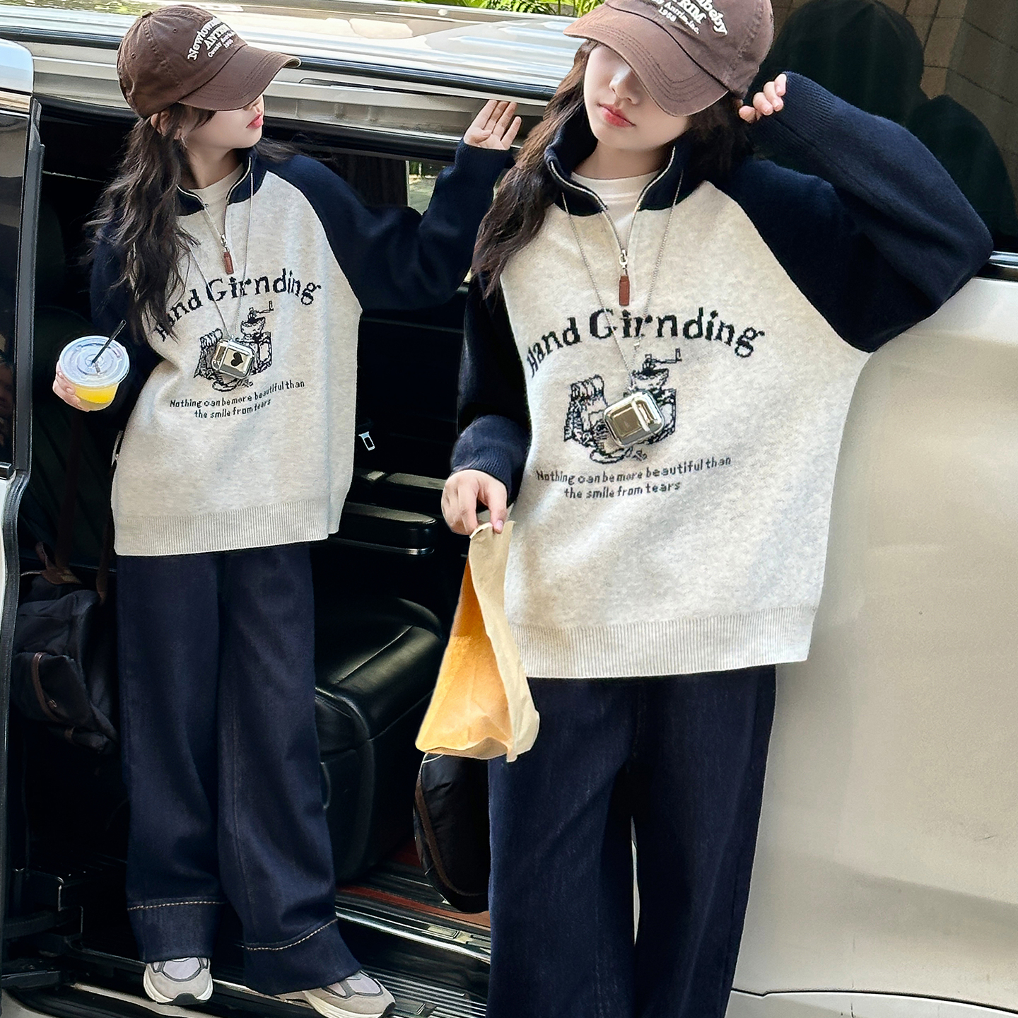 女童秋季韩版休闲毛衣中大童女孩时髦洋气儿童秋冬加绒牛仔裤潮