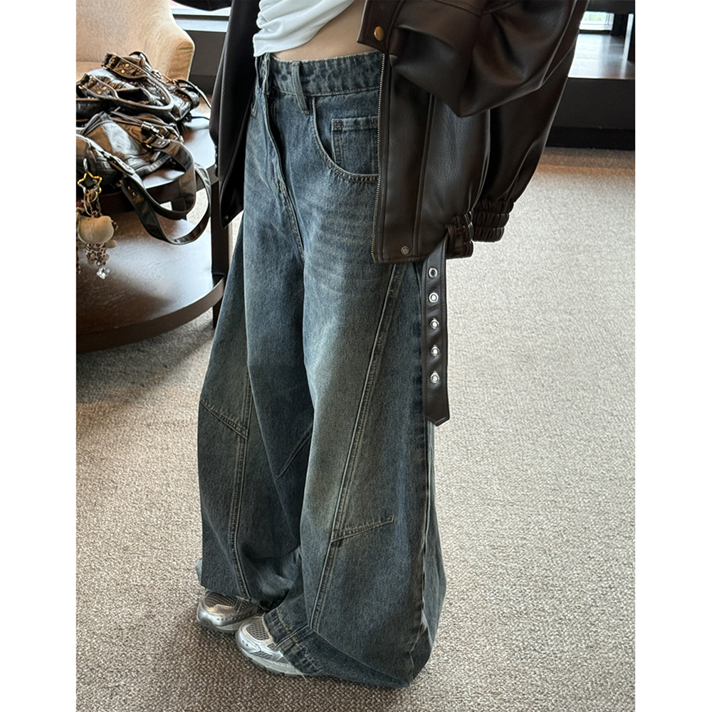 美式复古水洗低腰阔腿牛仔裤女秋冬季新款设计感宽松直筒弯刀裤子