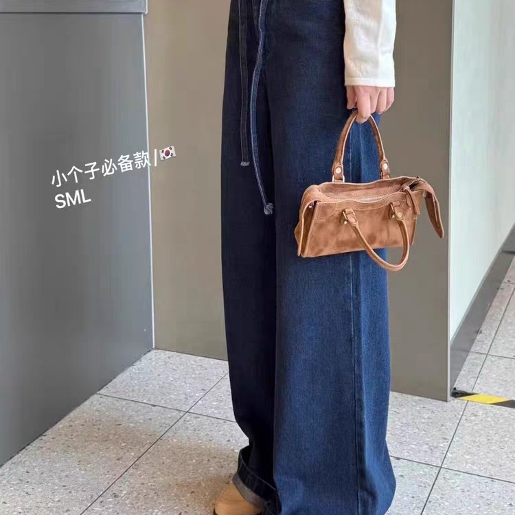 现韩国东大门代购Bee女2025秋冬复古高腰系带宽松显瘦直筒牛仔裤