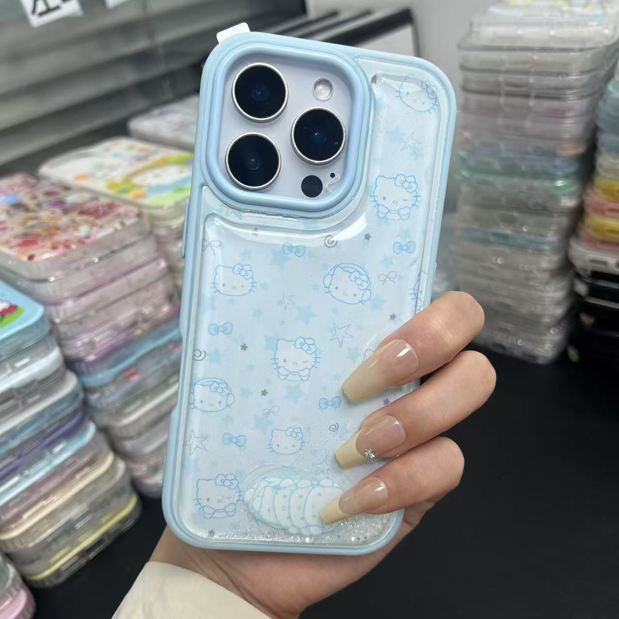 韩系可爱满屏流沙蓝底线条KT适用苹果16Promax女新款iPhone15pro