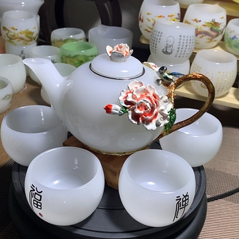 琉璃中式珐琅彩花开富贵一壶六杯礼盒套装