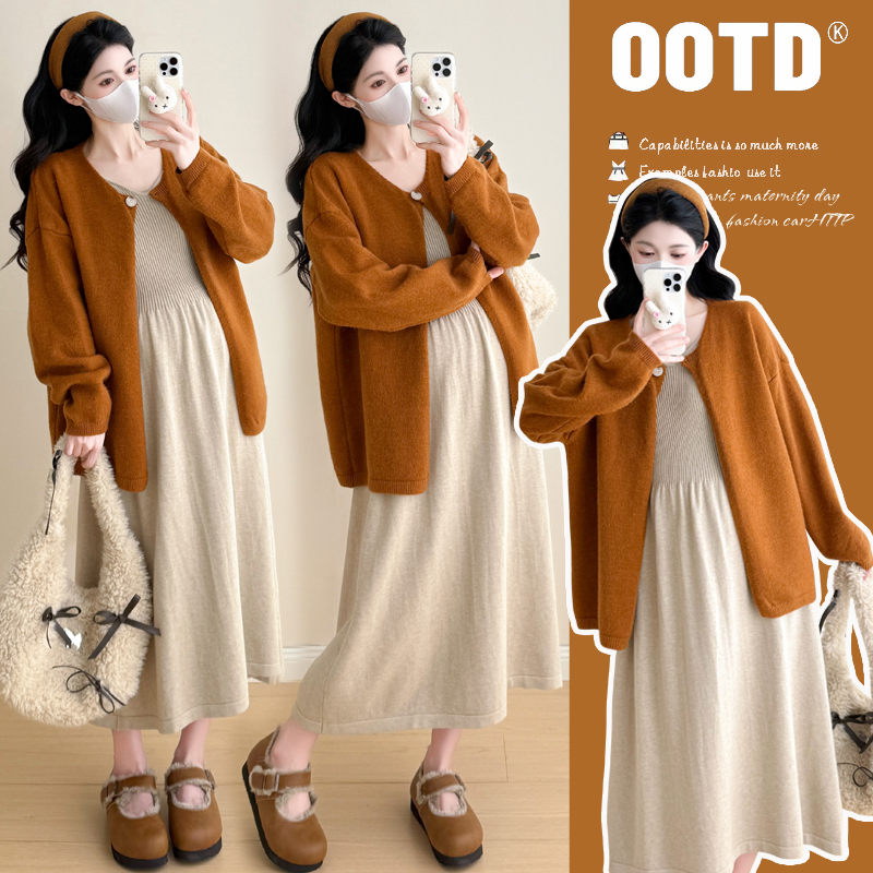 孕妇装2026秋冬款时尚宽松大码针织开衫毛衣中长款连衣裙宽松显瘦