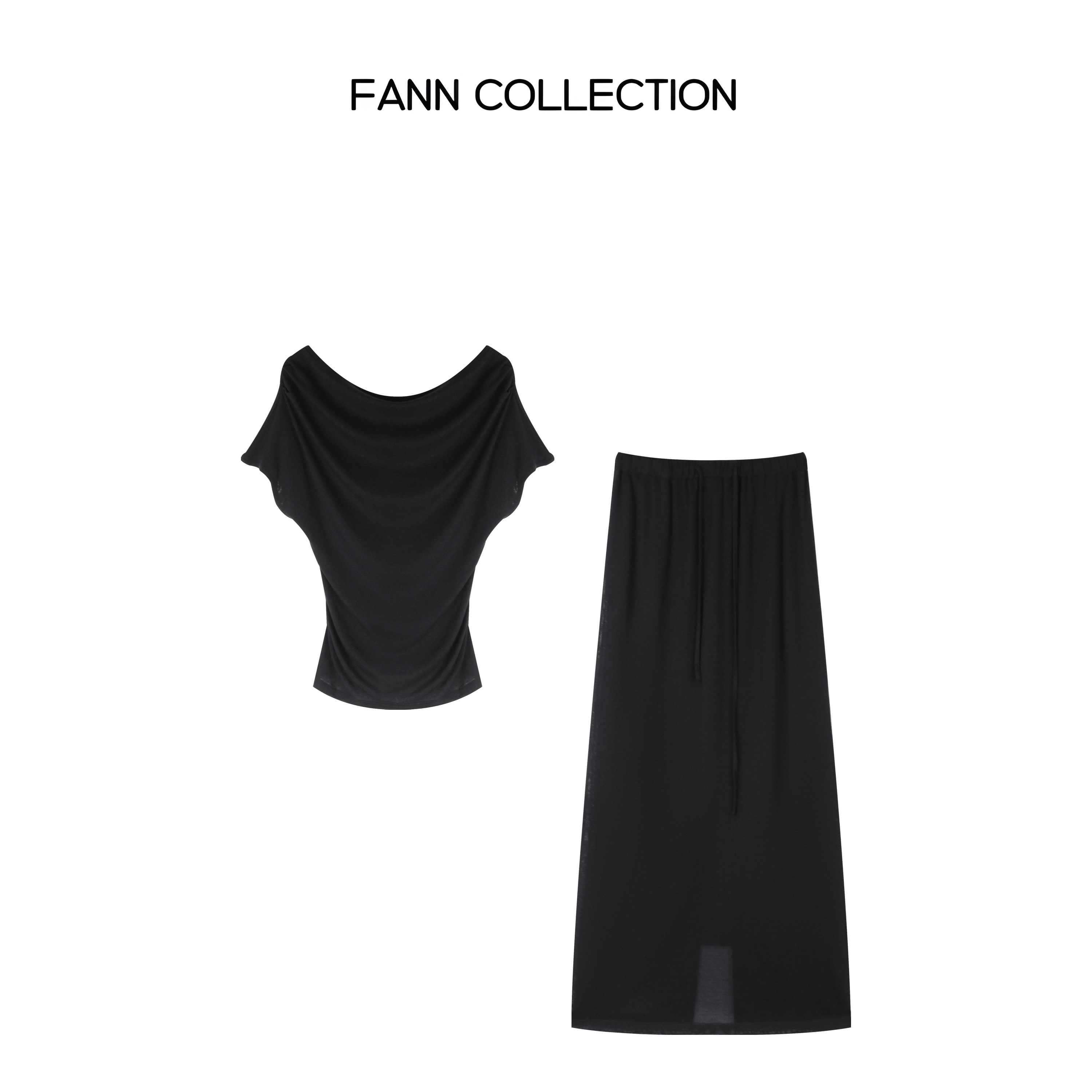 饭饭FANN COLLECTION 乐章 荡领T恤后开杈半身裙套装FANNE036