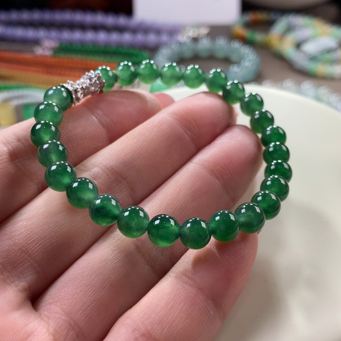 翡翠手链未镶嵌翡翠冰深翠绿卡6.5+
