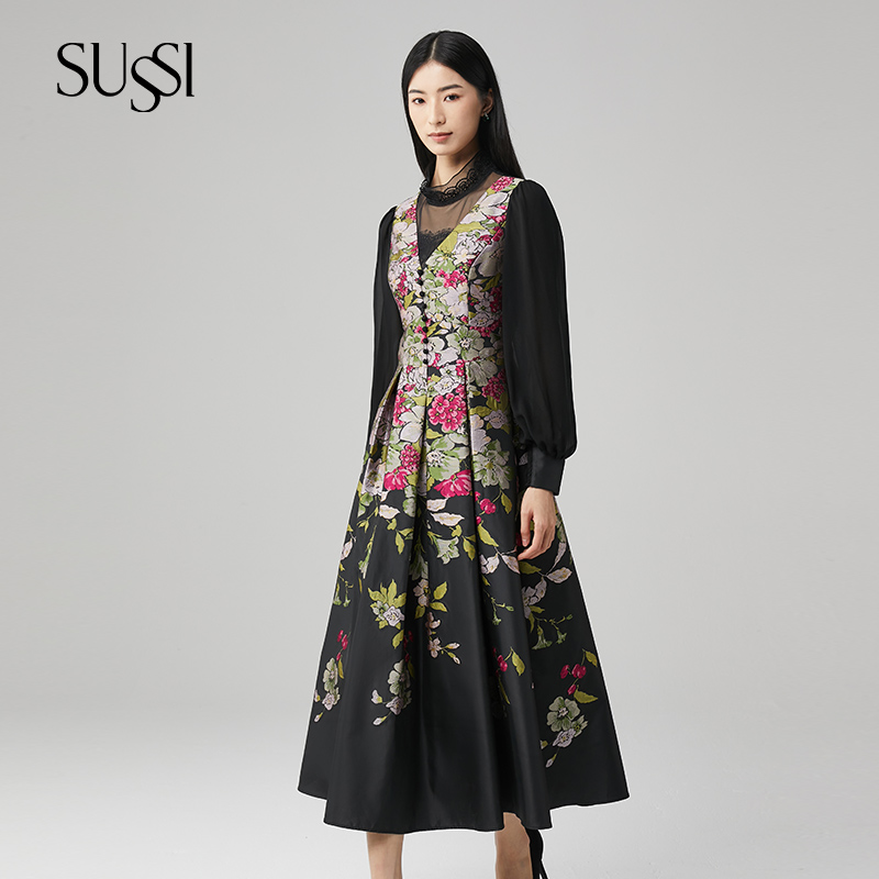 SUSSI古色丨“牡丹绣’中式美学黑底红花马夹裙经典X型连衣裙女
