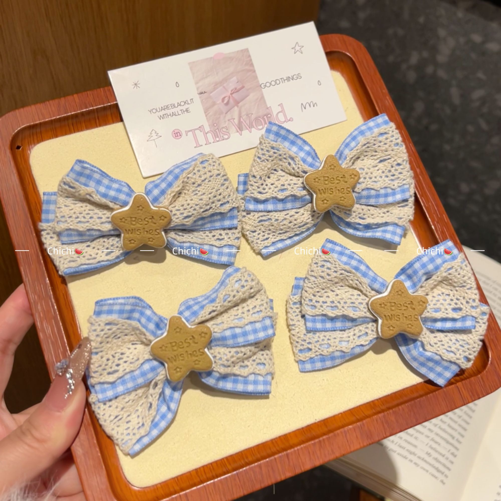 奶蓝色~星星蝴蝶结蕾丝发夹女刘海侧边发卡发饰少女心夹子鸭嘴夹