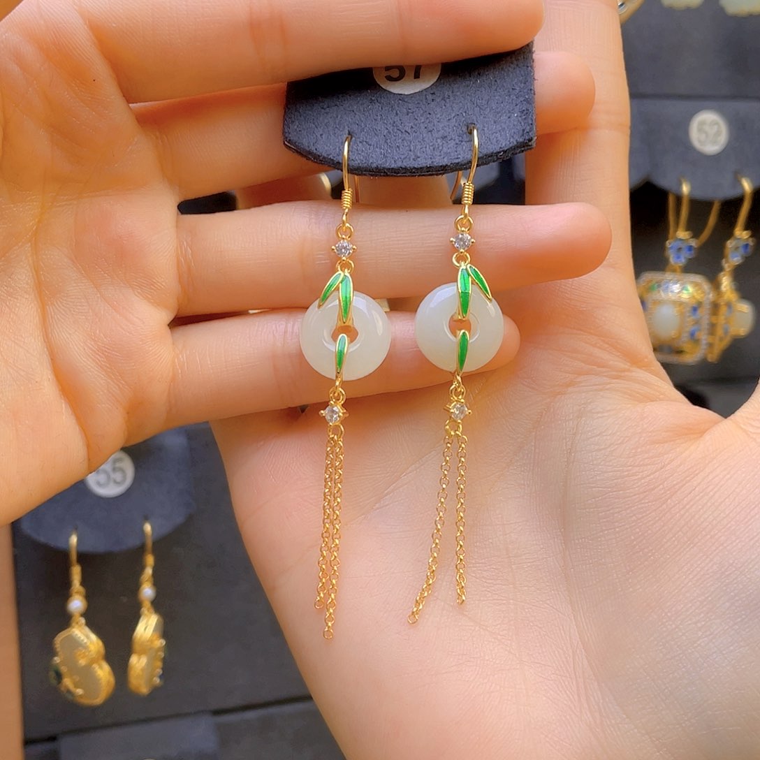 和田玉耳饰银S925镀金镶嵌