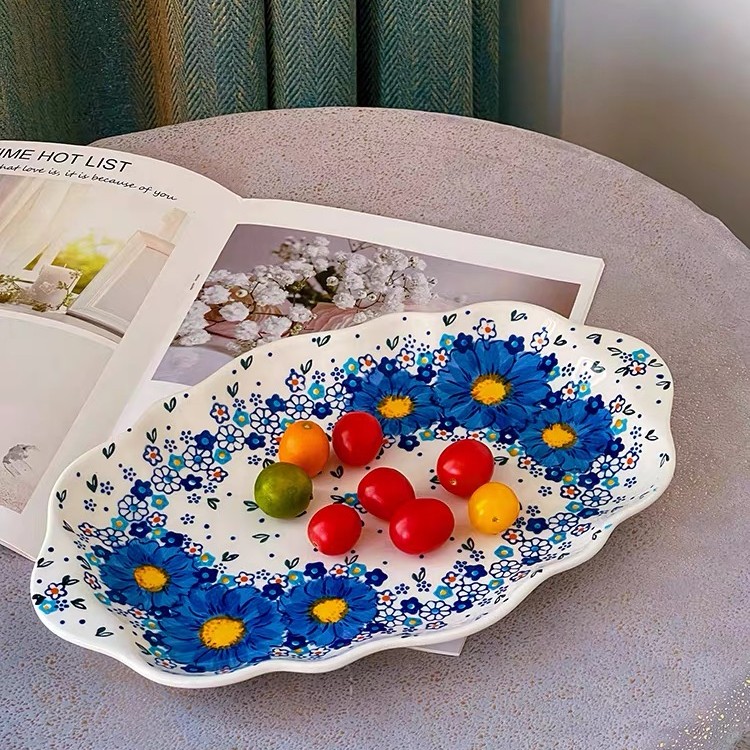 勿忘我釉下彩13.5英寸花边鱼盘