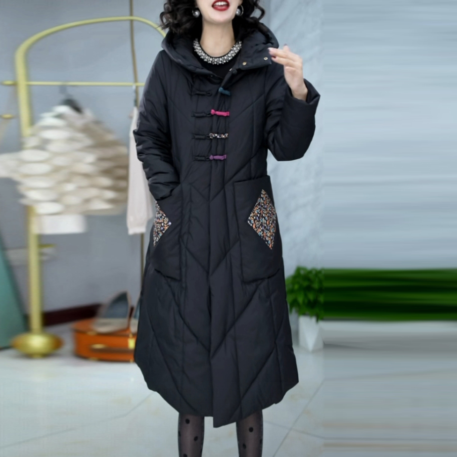 蓄热棉国风黑色显瘦棉衣外套2025冬季新款气质中长款过膝保暖棉服