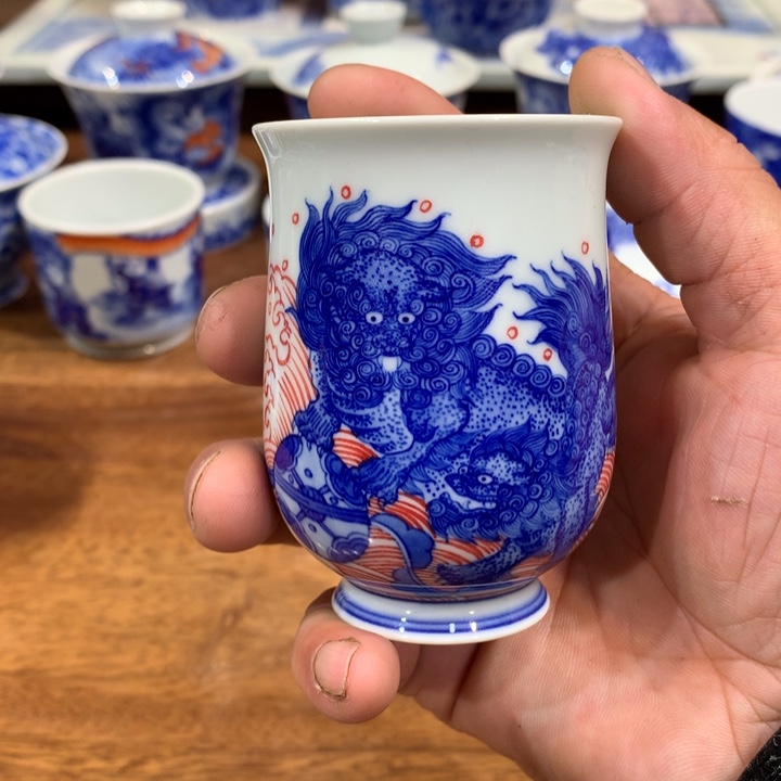 柴窑青花双狮闻香杯