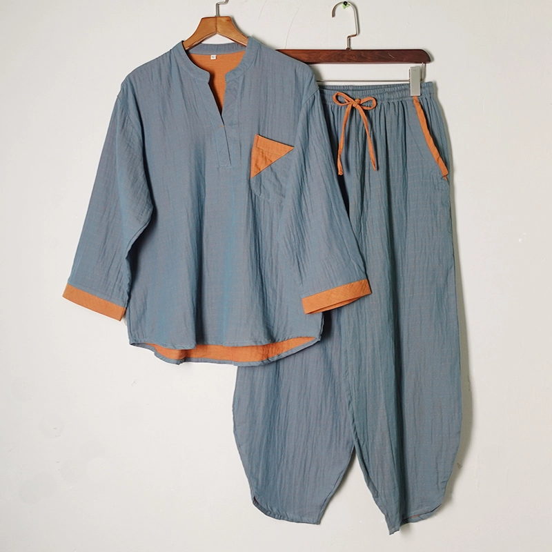 2023年多色可选的春夏秋款睡衣套装棉质可外穿V领家居服撞色设计