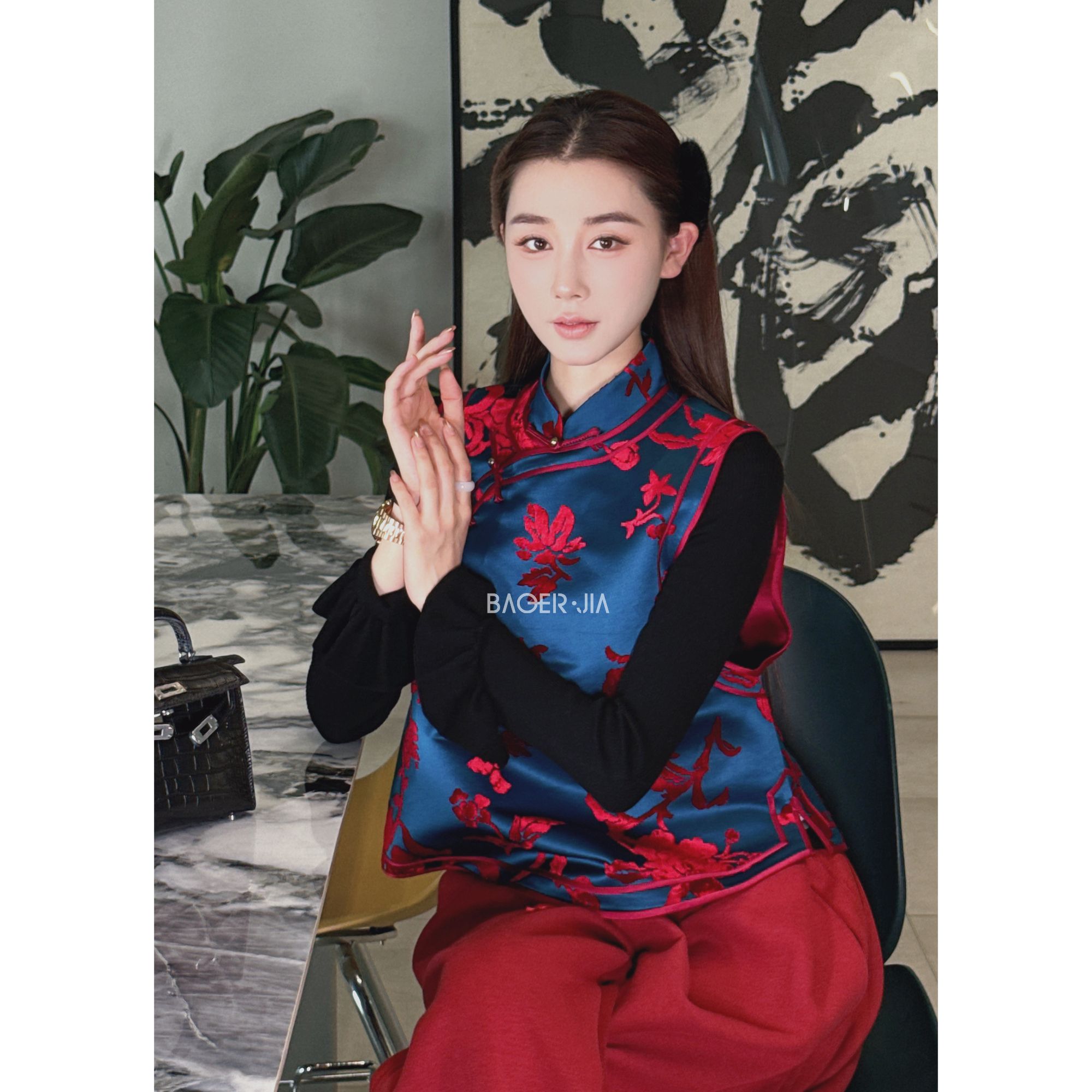 3-宝儿家含幂BJ110325309秋冬漳缎全真丝色织提花立领偏襟马甲