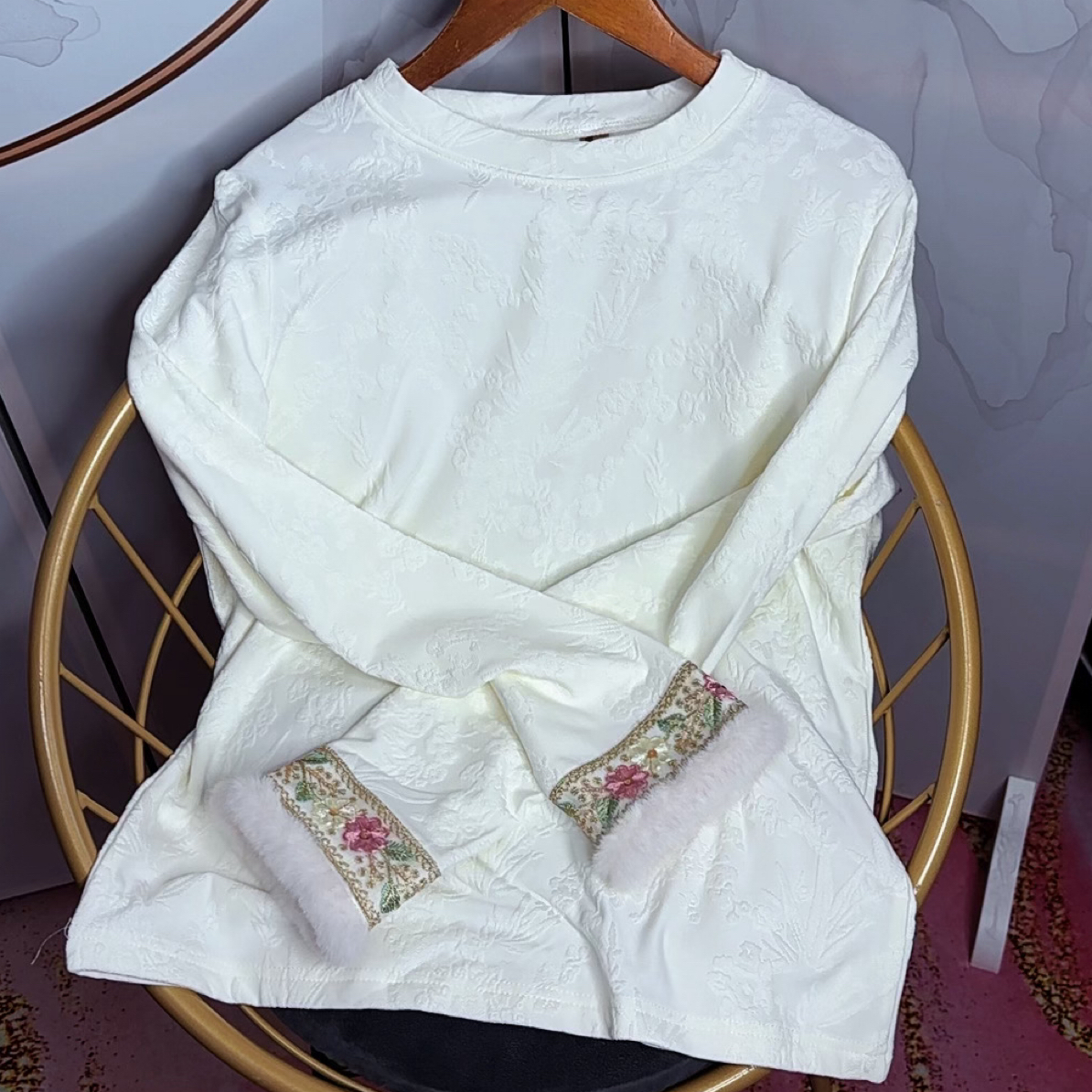 圆领加绒打底衫新中式女上衣百搭打底