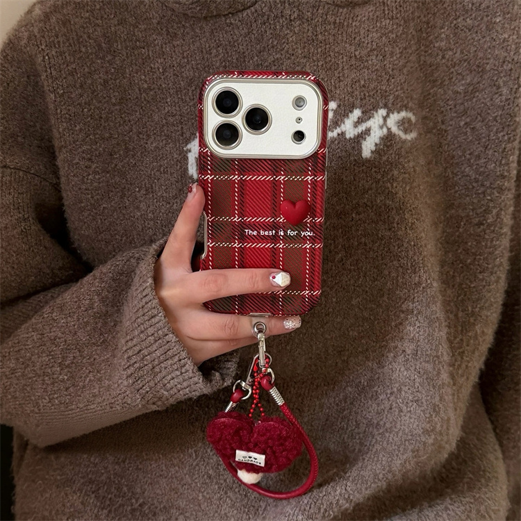ins复古红咖格纹英文爱心适用iPhone17pro手机壳16promax手提15女