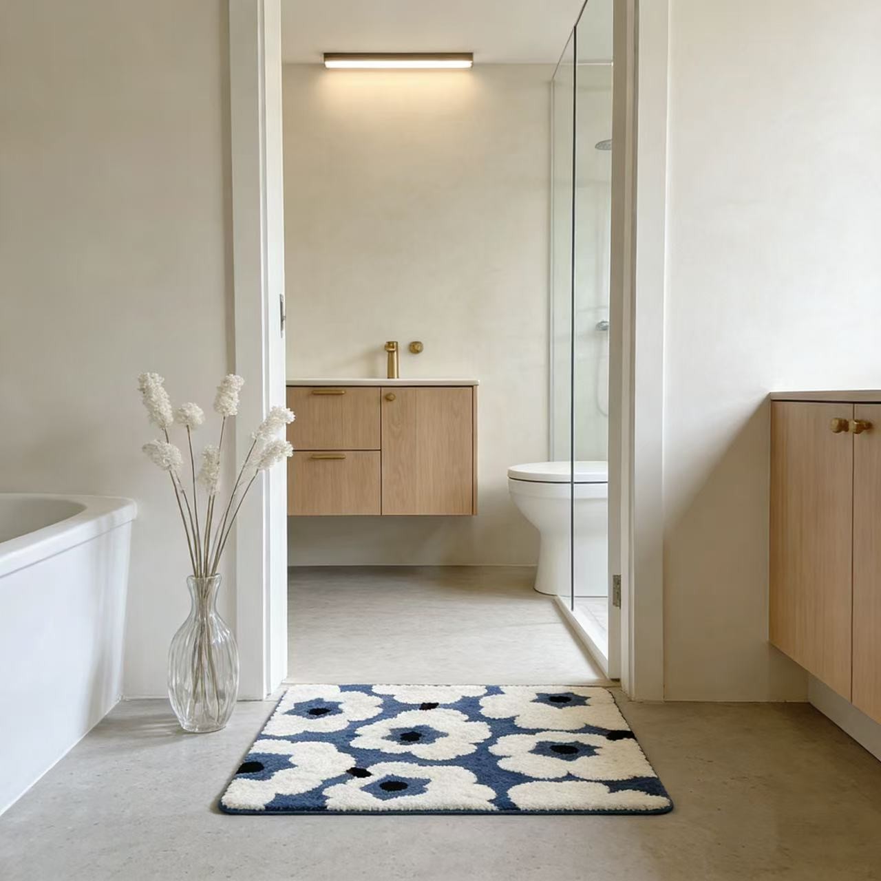 【爆款植绒 加厚款】浴室地垫吸水垫植绒可机洗防滑地毯-山茶花（蓝）