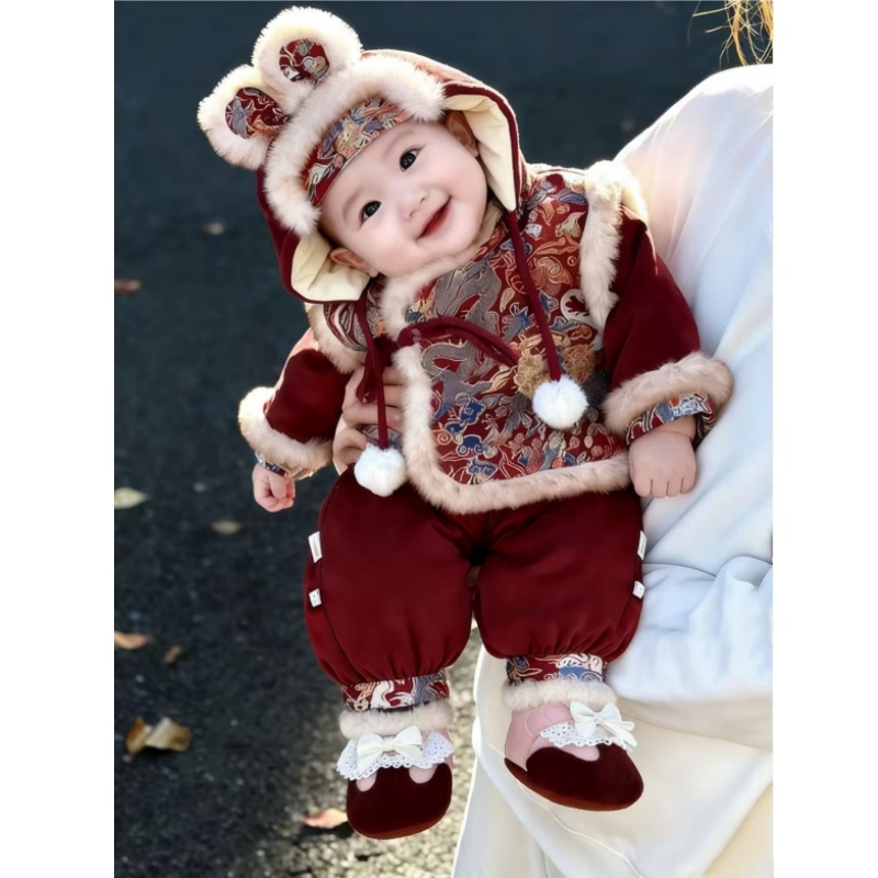 婴幼儿宝宝套装冬季拜年服加厚加绒唐装男女童中国风喜庆分体套装