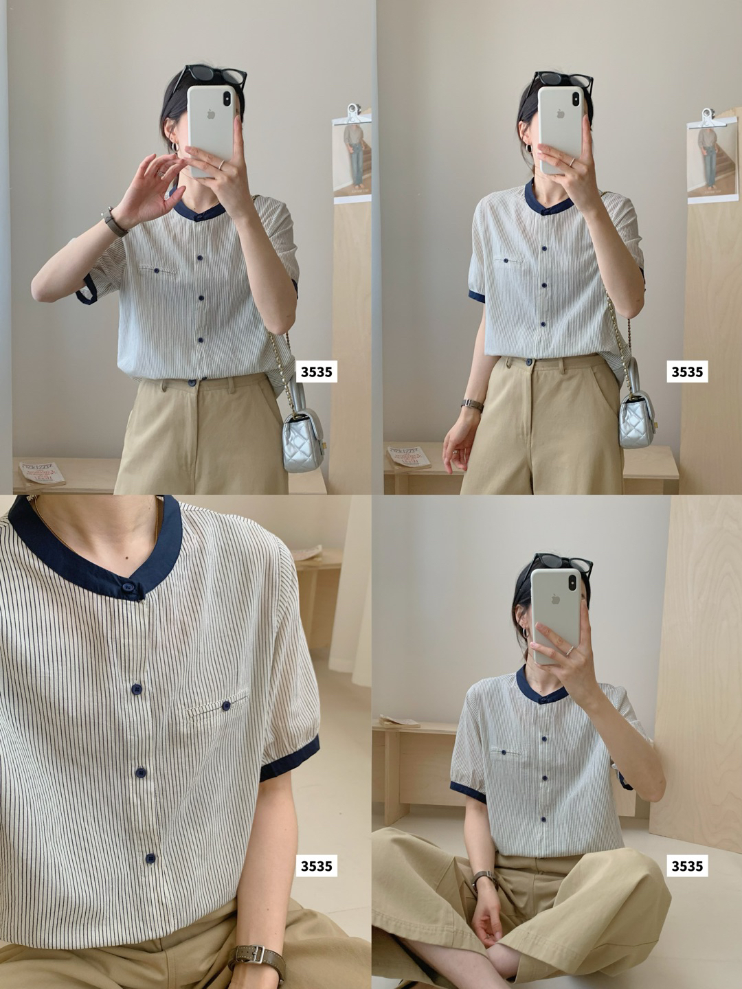 3535 条纹撞领夏季新款短袖衬衫