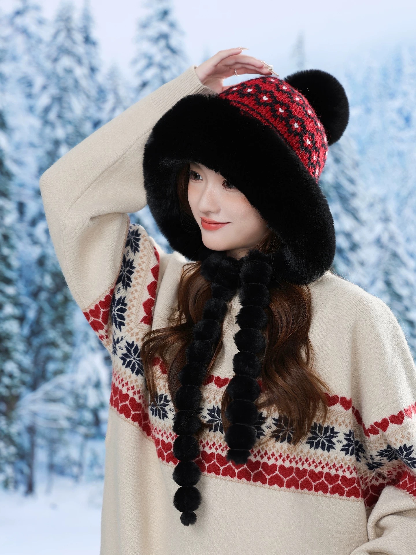 爱心花纹毛绒针织帽子女冬款保暖防寒护耳帽可爱显脸小好看毛线帽