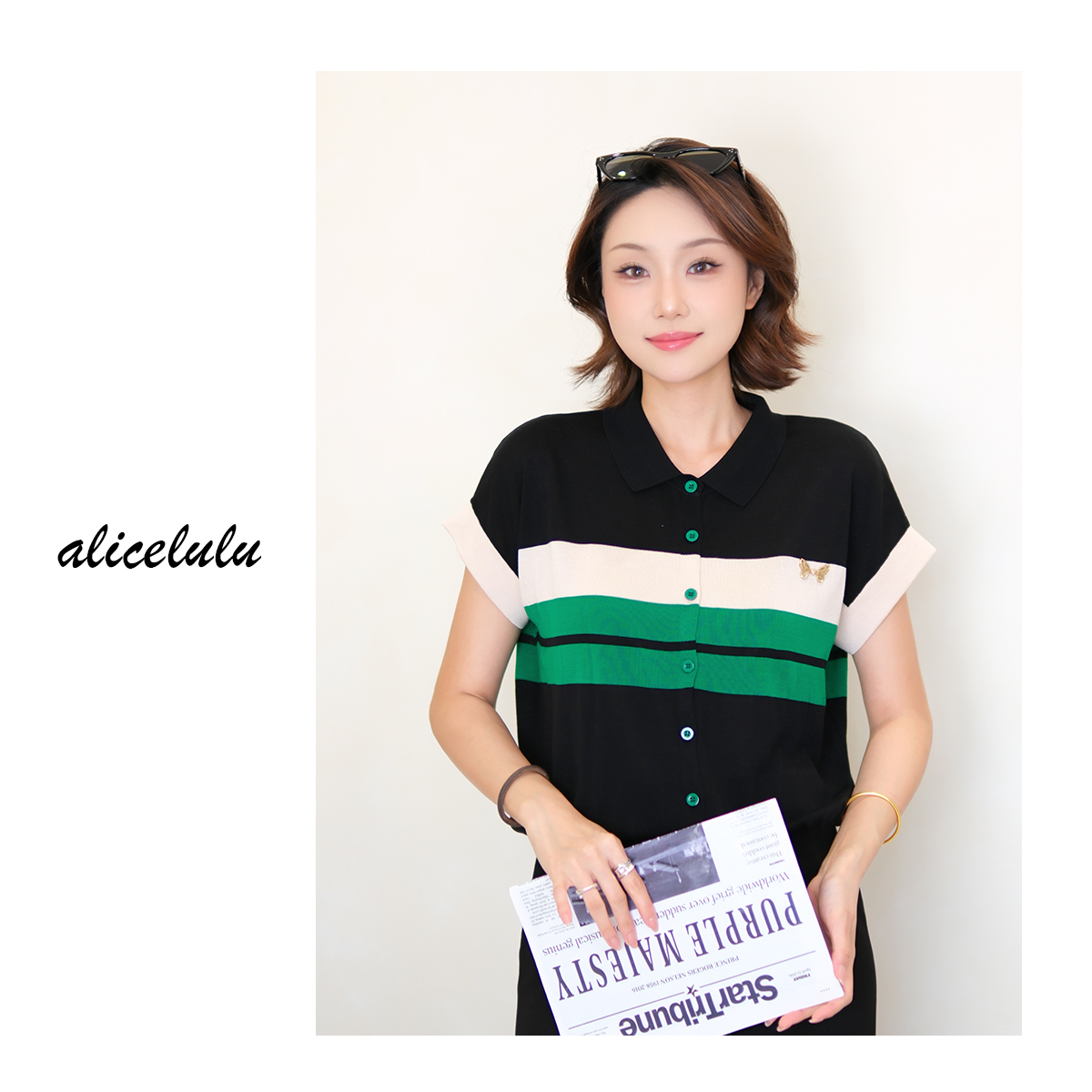 alicelulu针织短袖polo衫时尚设计感拼色S1035152T