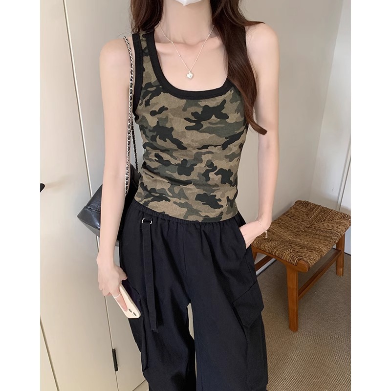 美式辣妹短款迷彩吊带背心女2025夏季新款修身显瘦外穿弹力小上衣