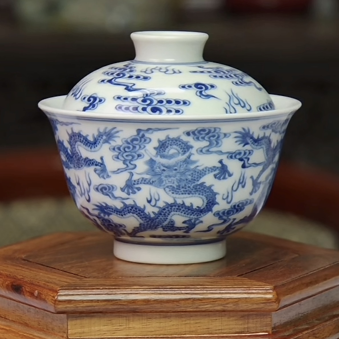 青花 五龙纹 二才盖碗   高8.5公分 口径8.8公分 全品  