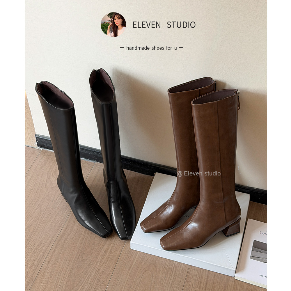 【王11】新款小方头不过膝显瘦设计感气质极简长靴 5CM/静安