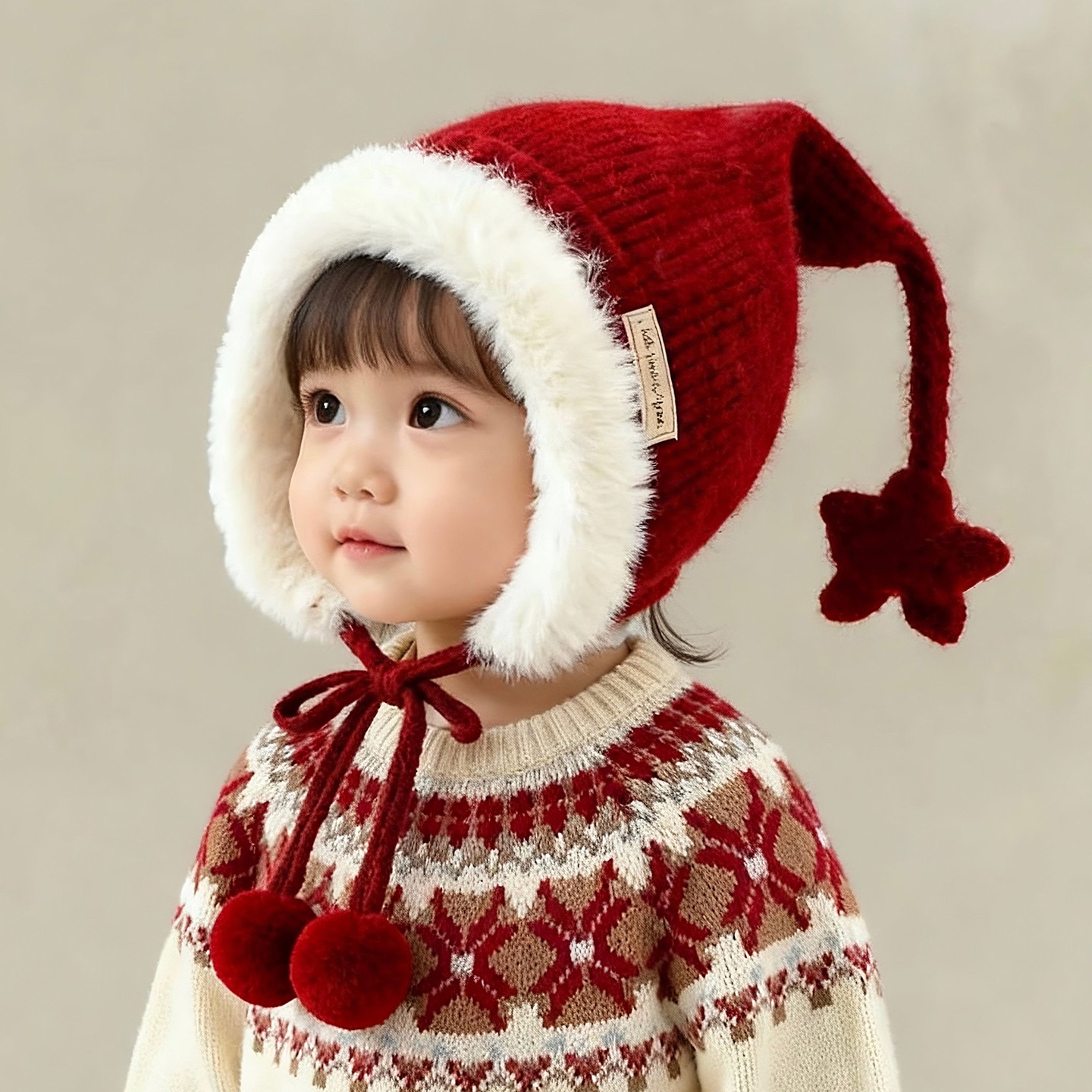 【小布丁】儿童圣诞帽子秋冬季保暖加厚针织护耳帽女宝宝防风毛线帽