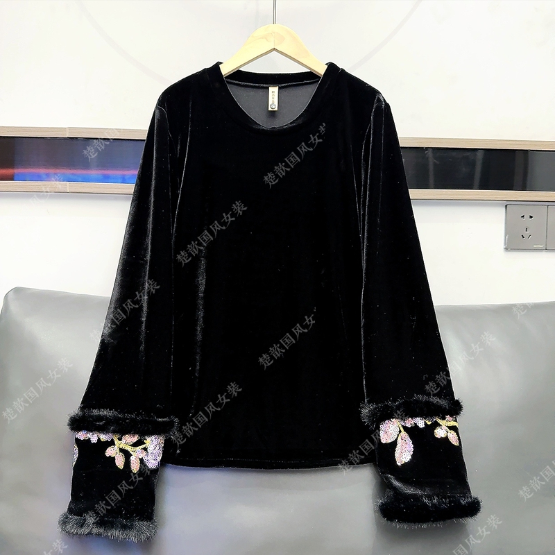 【晚辰】2025新款秋季国风上衣女新中式立领高级感亮片绣花丝绒衬衫