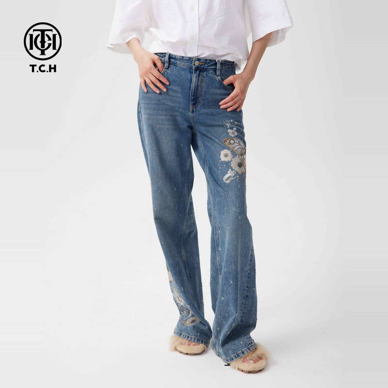 菏泽-TCH2024秋冬新款重工蝴蝶烫钻阔腿牛仔裤女直筒裤T72C208025