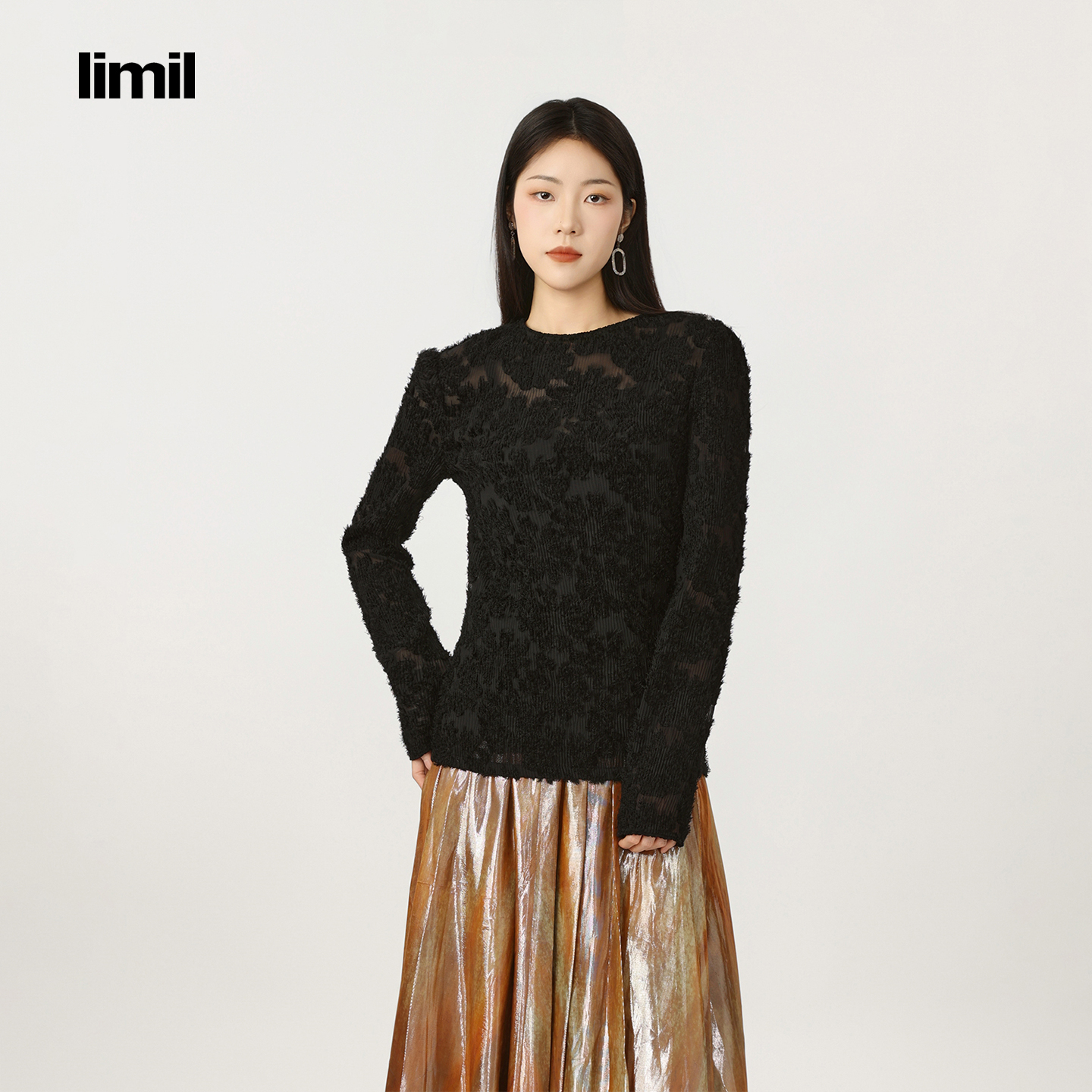 limil/丽米儿新款千金清冷感贵系提花小众设计百搭长袖T恤930004