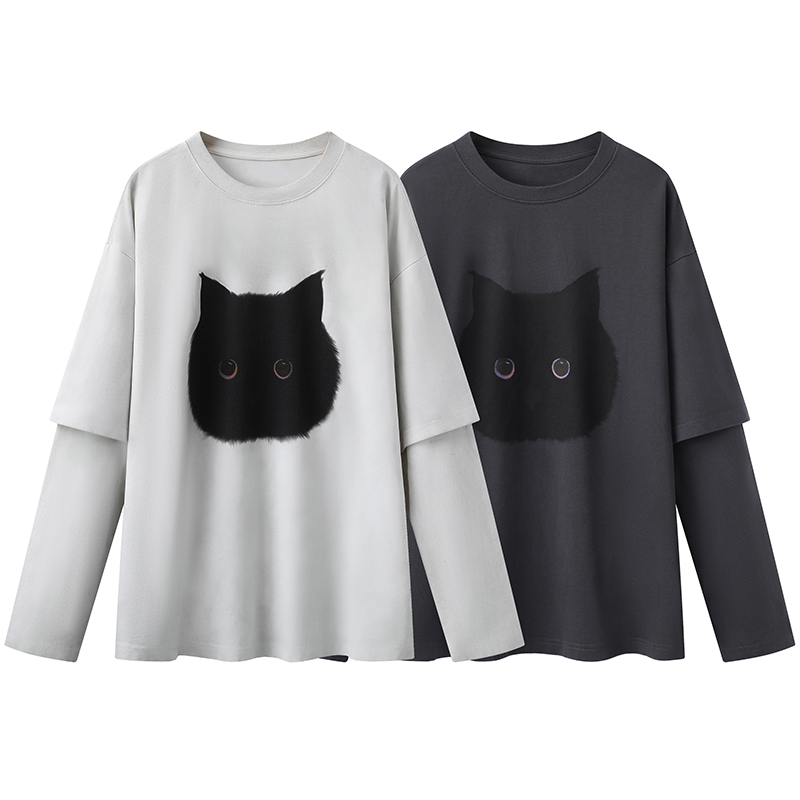 咖米潮【猫咪】宽松假两件上衣女长袖T恤卫衣20258008