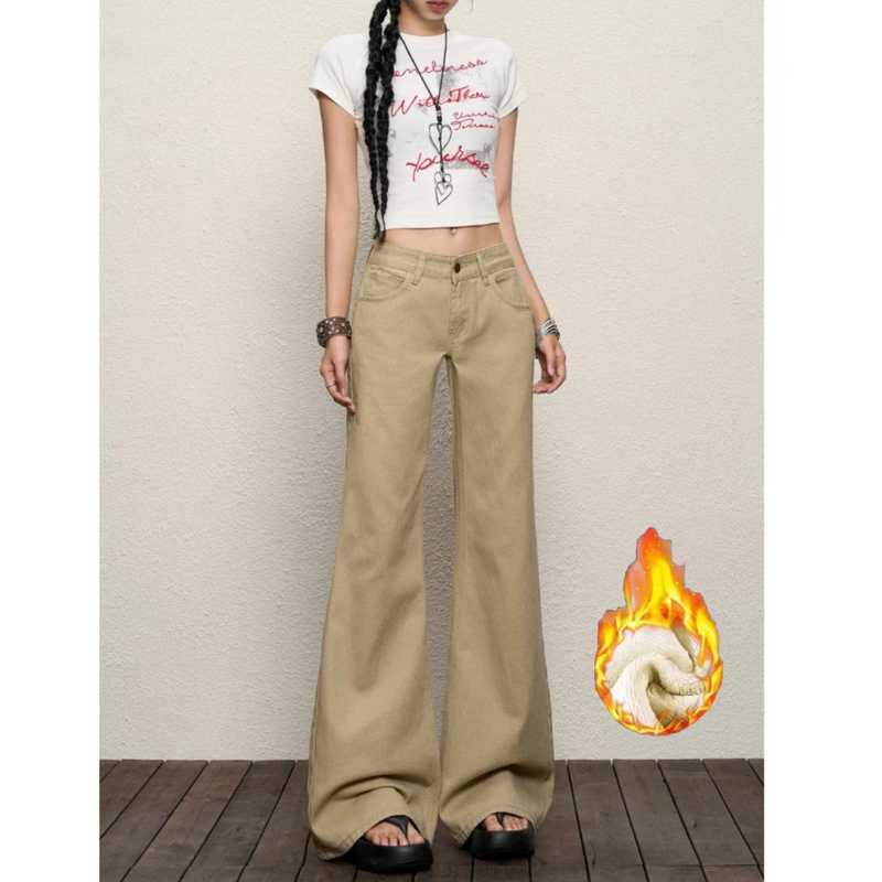 （破价+免费试穿）秋冬新款加绒美式低腰微喇裤女牛仔裤多巴胺