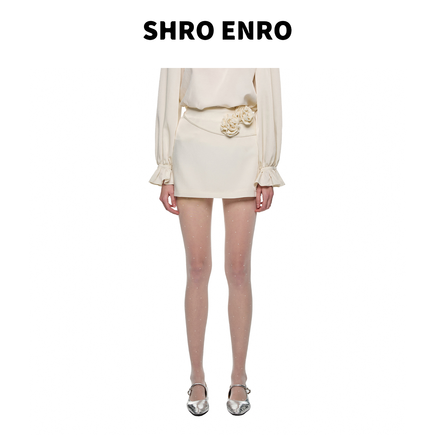 SHRO ENRO 2025秋法式绑带花朵光泽感短裙半裙S52A31HM009