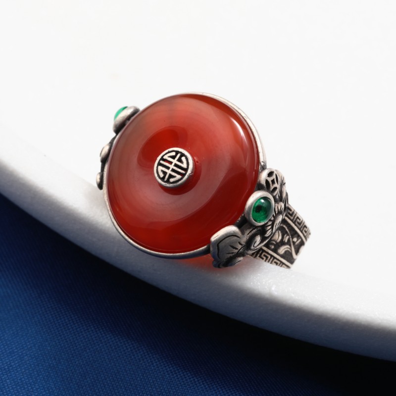 S925通体银祥云如意戒指玛瑙复古做旧活口调节