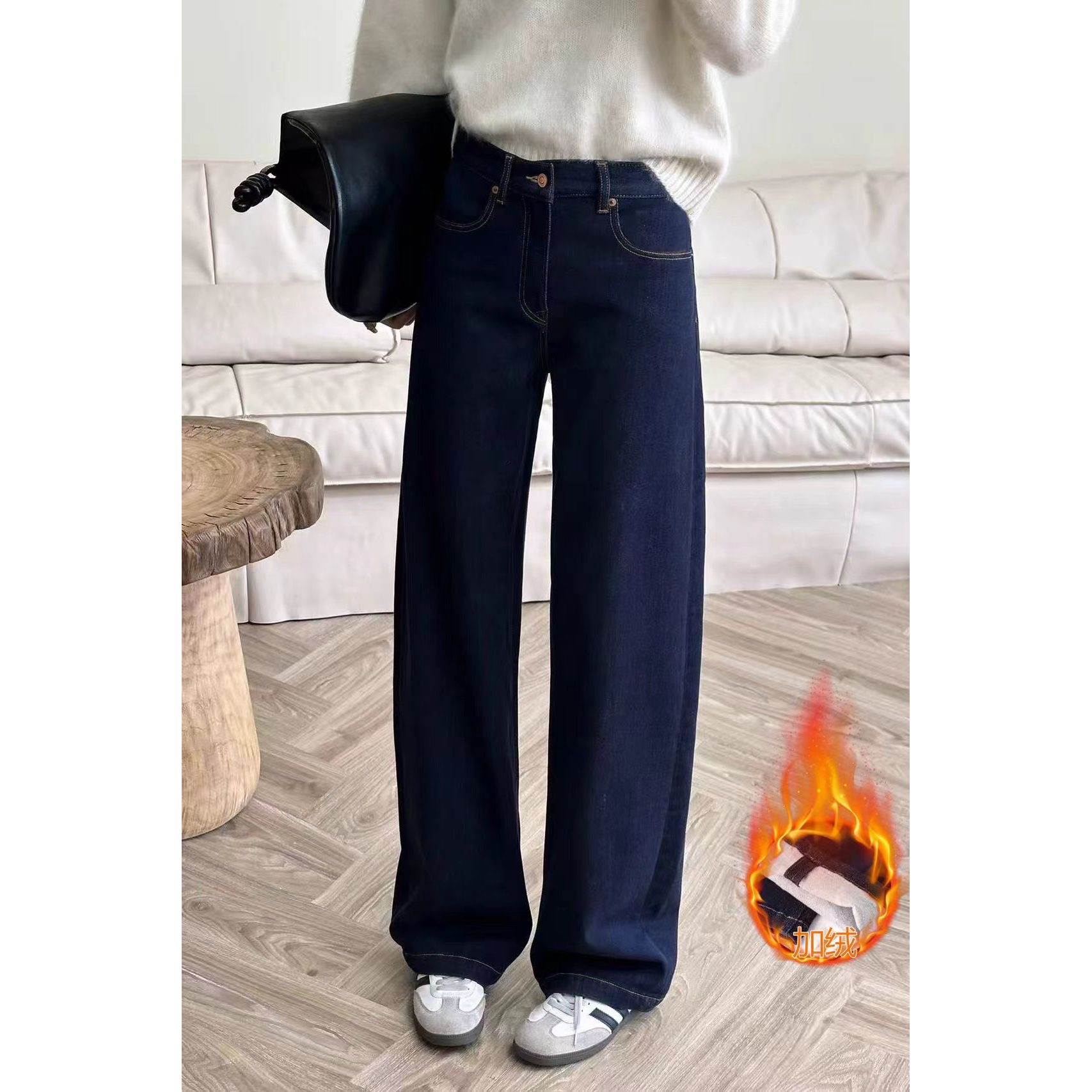 8806款冬季加绒加厚丹宁蓝直筒牛仔裤