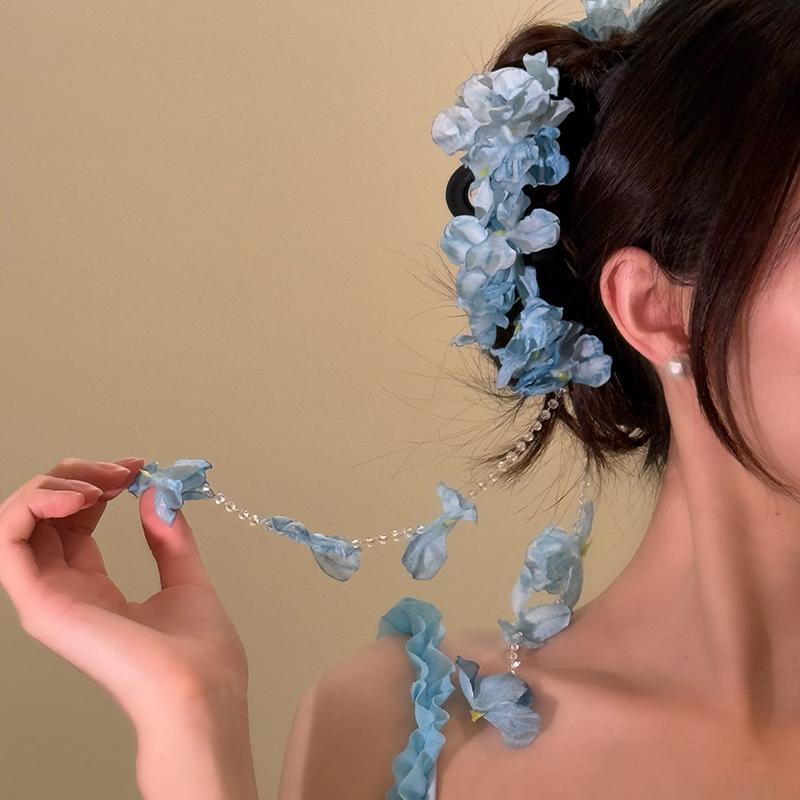 蓝色绣球花抓夹女后脑勺盘发鲨鱼夹流苏花朵发夹2025新款夏日头饰