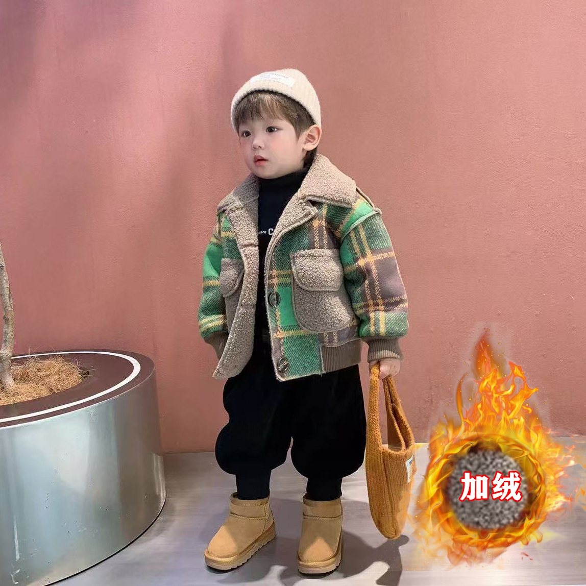 儿童加绒外套2025秋冬新款鹿皮绒夹克男童女童韩版翻毛领洋气上衣