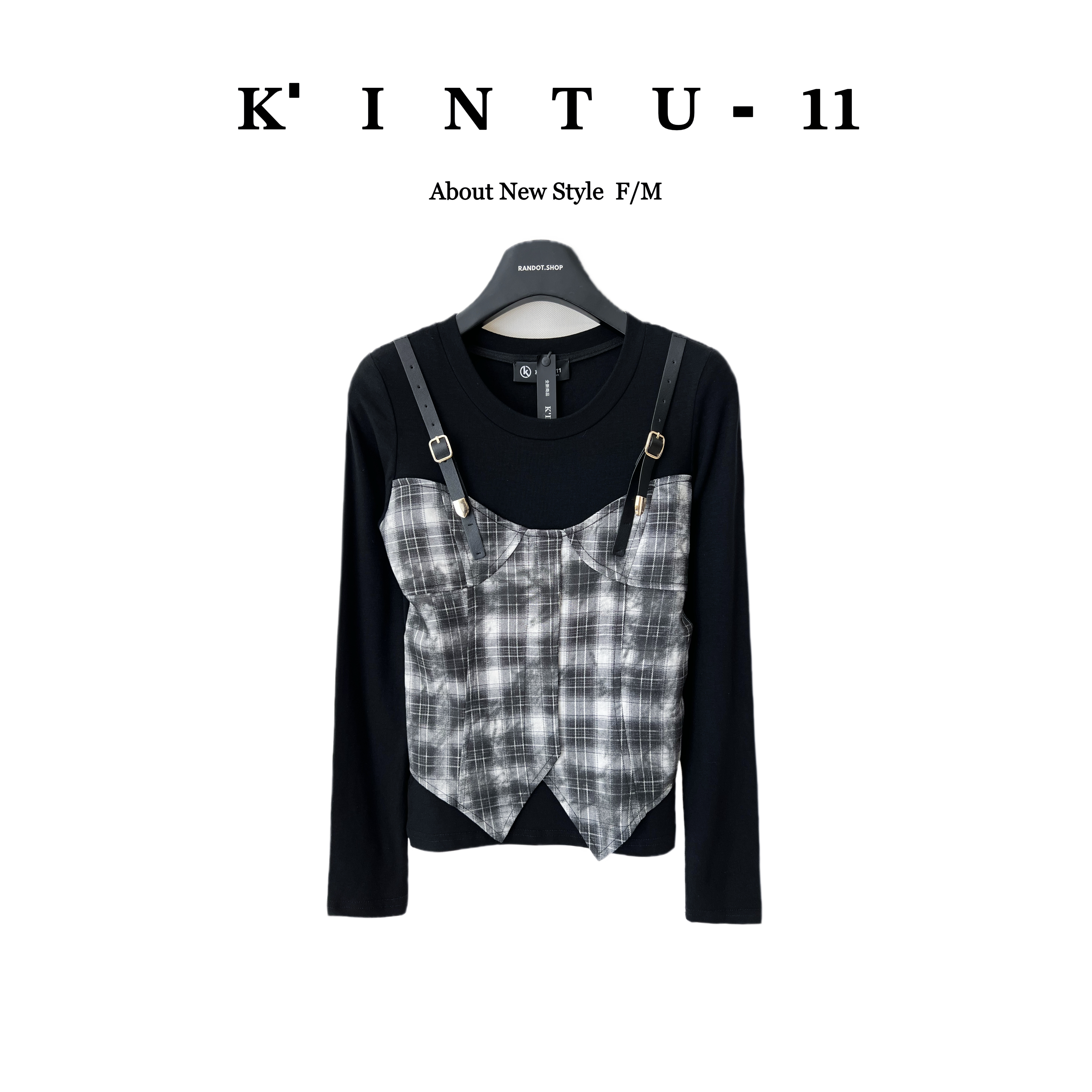 【K-11】原创设计“网格吊带”PU皮卡扣格子拼百搭长袖上衣7769