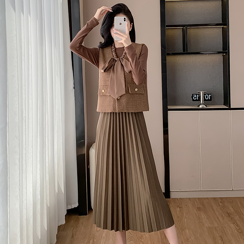 小香风蝴蝶结马甲套装裙子女秋法式中长款收腰显瘦打底长袖连衣裙