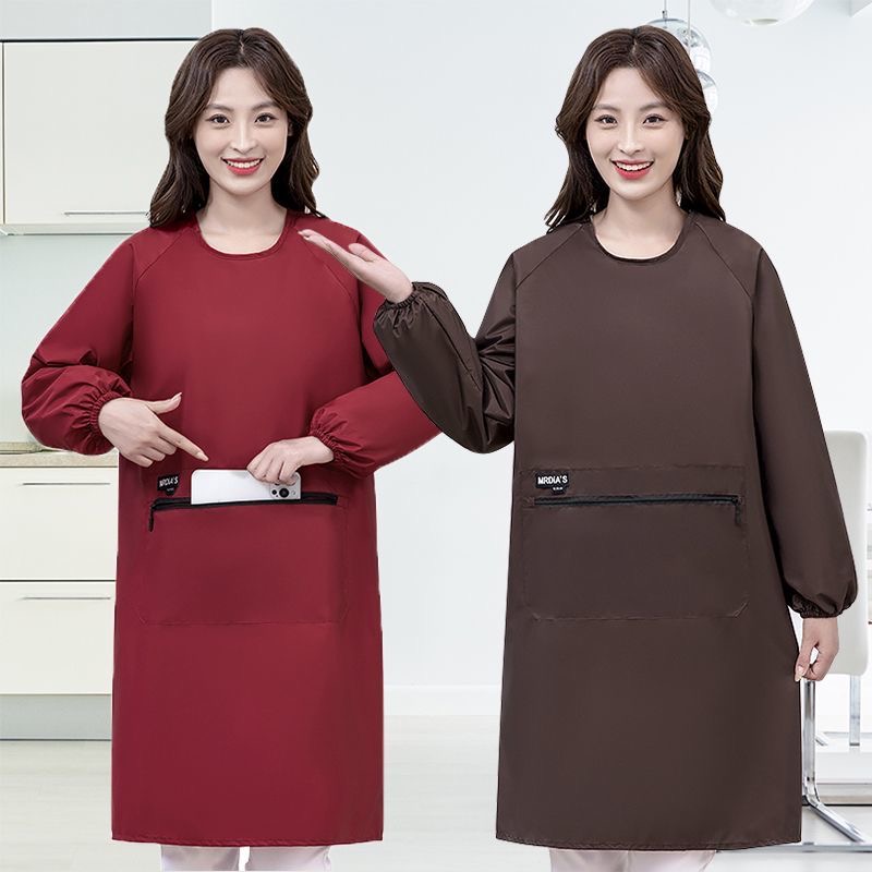 新款长袖帆布围裙厨房防污透气做饭罩衣耐磨工作罩衣男女同款家用