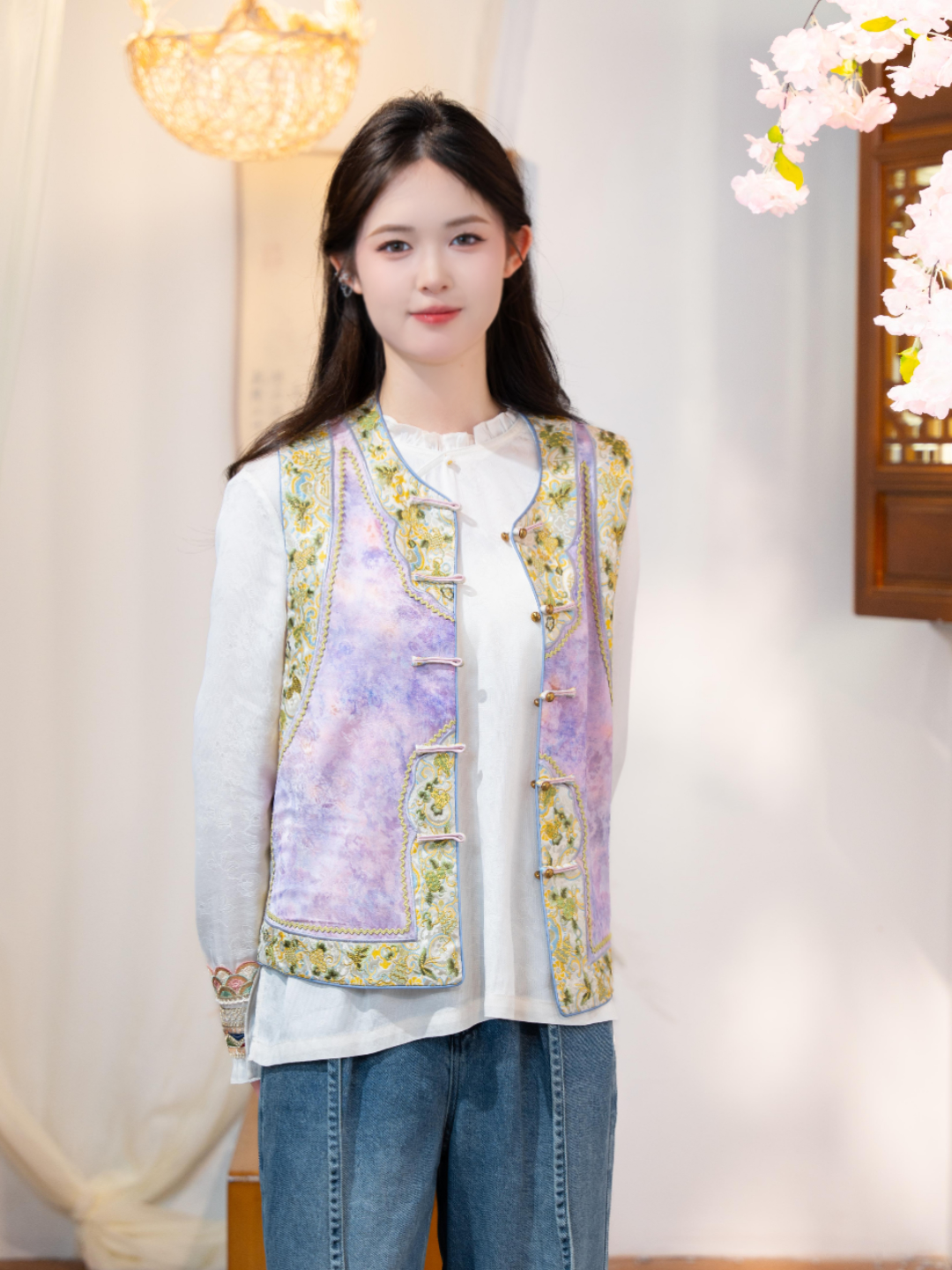 海棠醉日-新中式高定新宋锦桑蚕丝双面双穿马甲（倩倩）JM2903