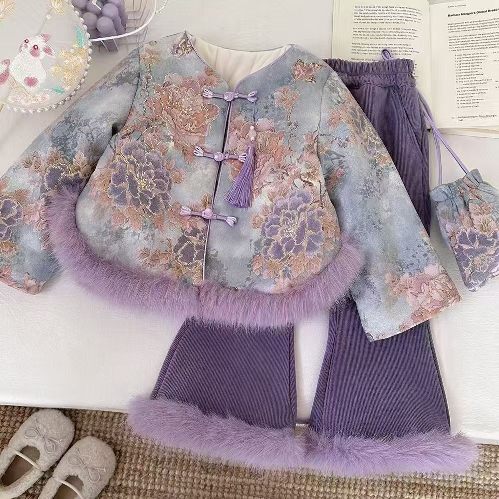 女童冬季加绒2025秋冬新款中国风儿童唐装新中式加绒加厚宝宝套装