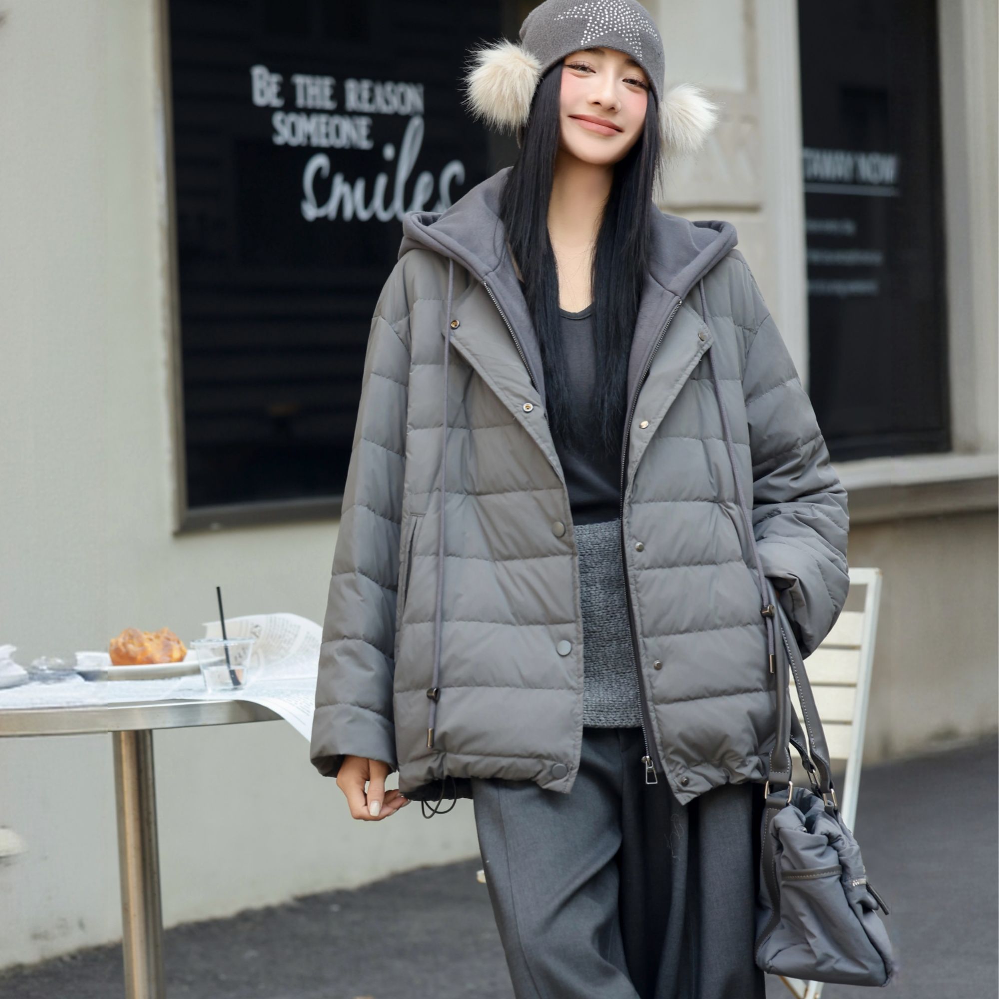 【合肥欢欢】“冬眠日记”宽松休闲韩版百搭假两件连帽羽绒服女66813