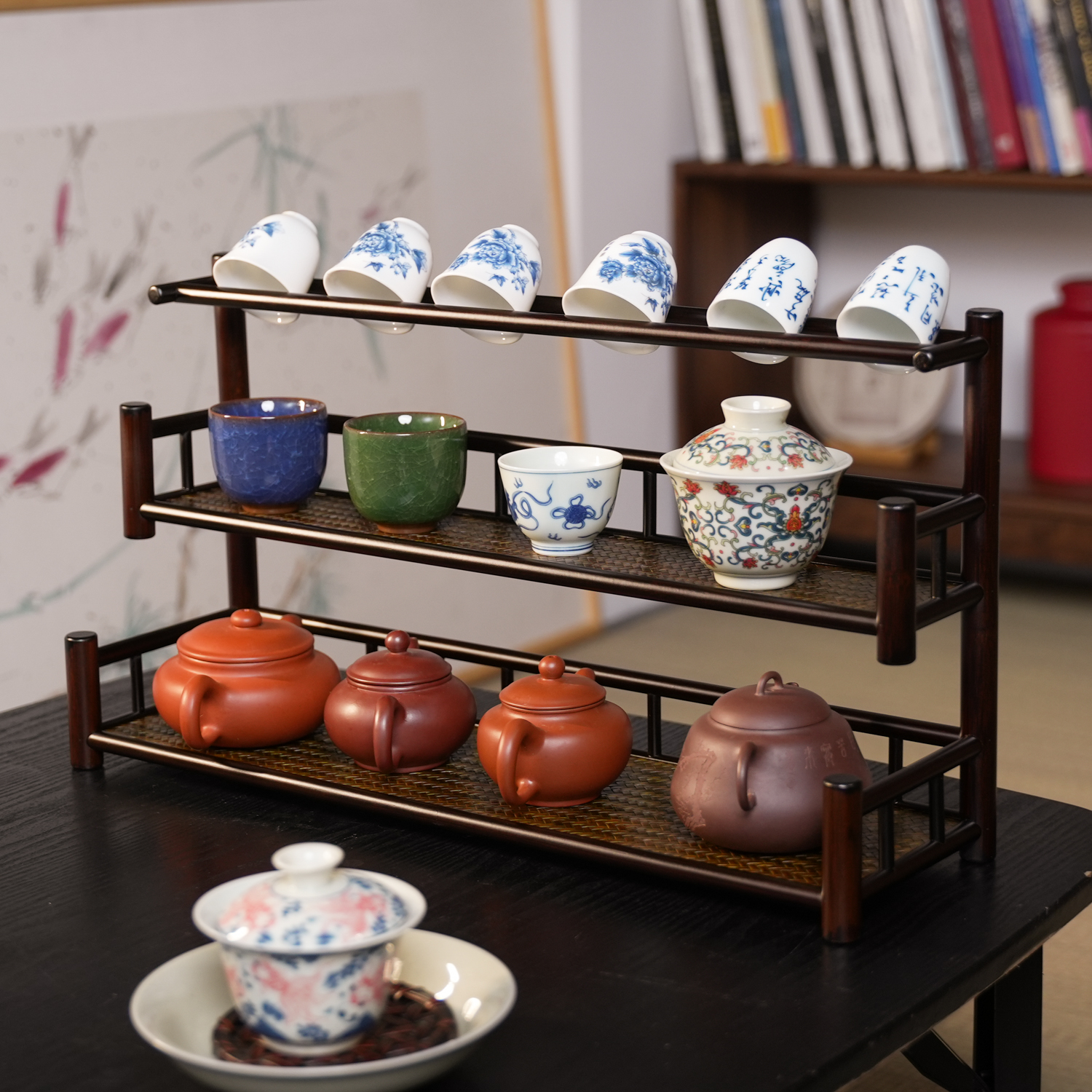 【云梯】 楠竹竹编滤水黑色茶架壶架杯架小博古架茶具手工茶道