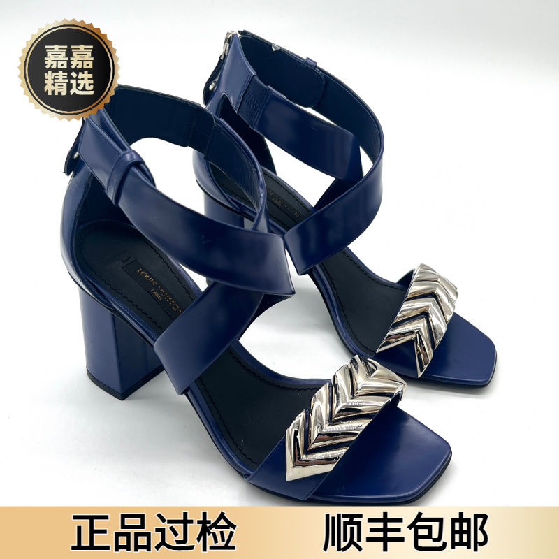 未使用 LouisVuitton/路易威登 蓝色皮面高跟一字带时尚凉鞋 36码