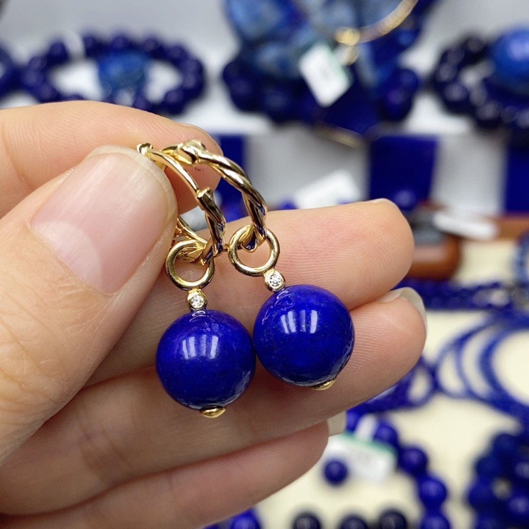 青金石耳饰银S925镀金镶嵌