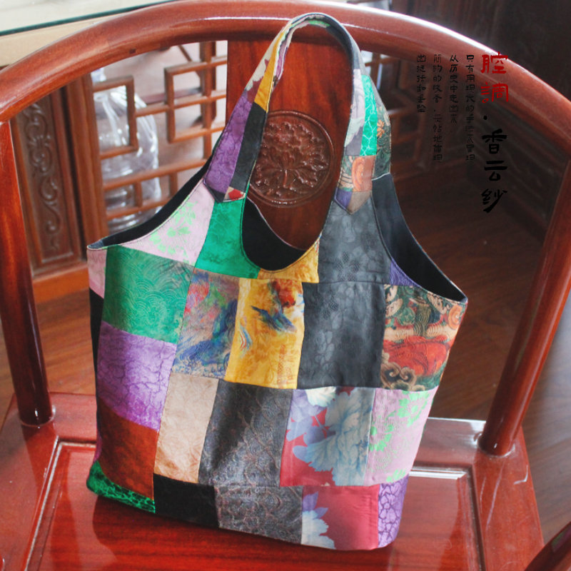 香云纱桑蚕丝文艺单肩包 气质女士包包 时尚民族风拼接单肩包