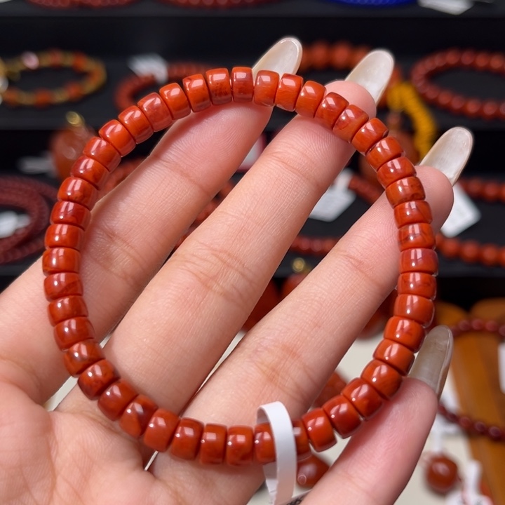 南红玛瑙未镶嵌手链精工直切药片满肉柿子红火焰6mm