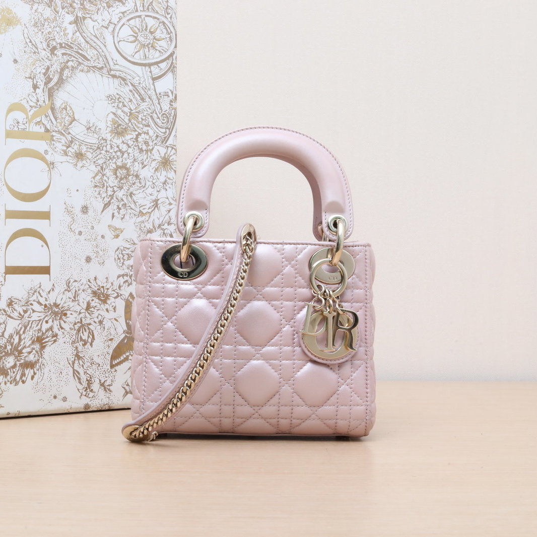 95新 DIOR/迪奥 【双双】 戴妃包 三格 粉色 皮革S 金扣 2017