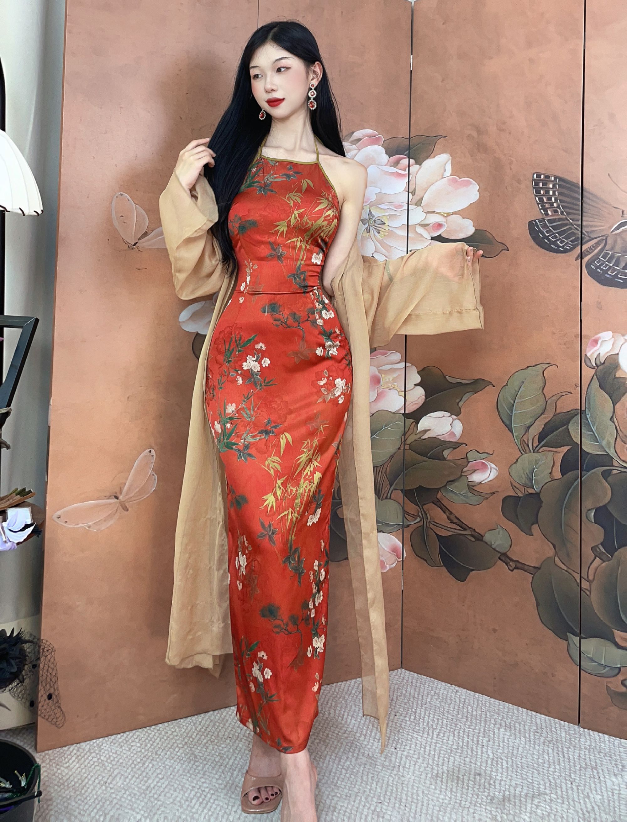 秋辞香~红枝 提花缎面高级夏季改良国风旗袍肚兜款连衣裙
